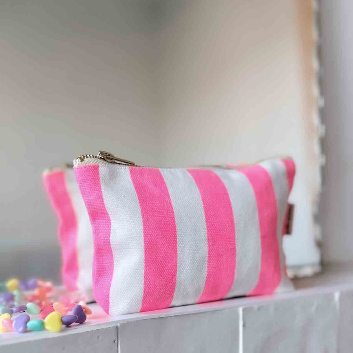 Rose in April Sofia Pouch, Stripes Neon Pink/ Ecru