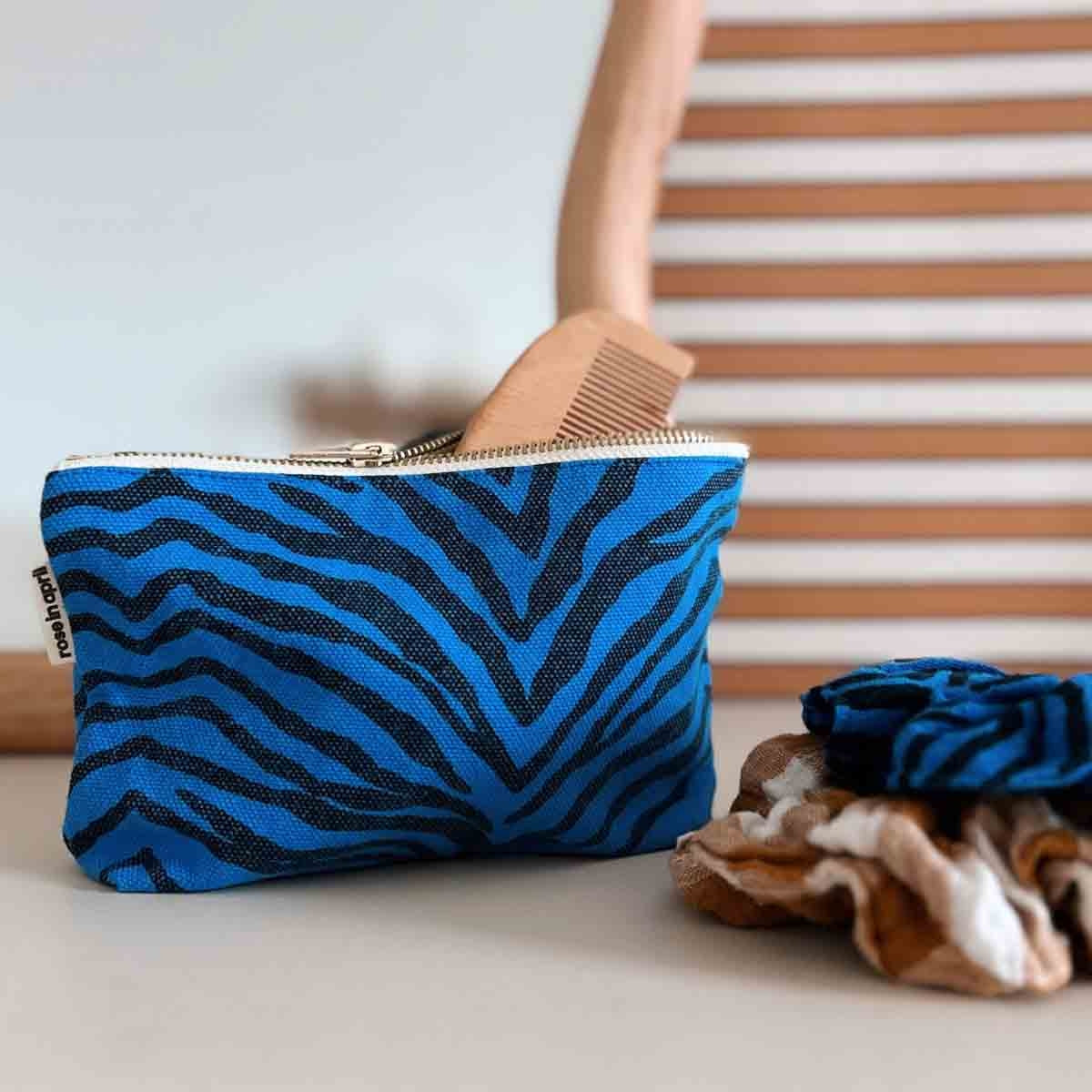Rose in April Sofia Pouch, Zebra Greek Blue